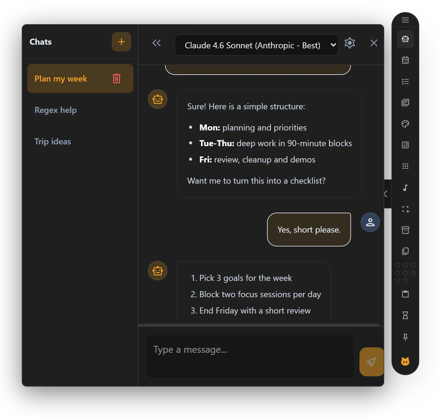 AI Hub open next to the KoBar bar: a chat list on the left and a conversation about planning a week.