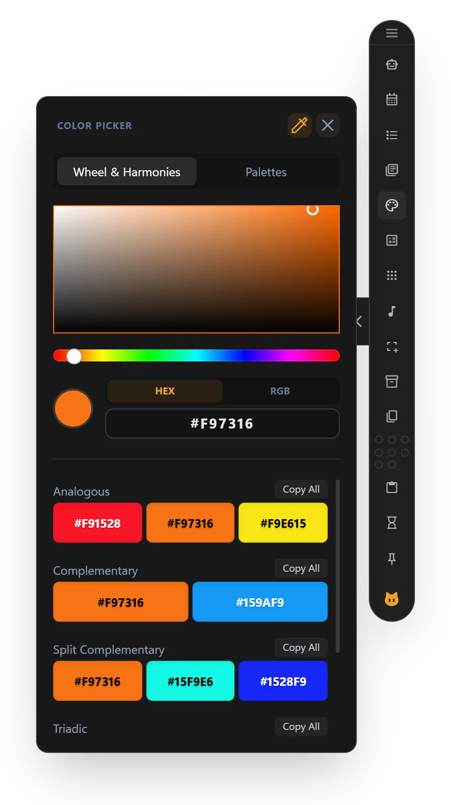 Color Picker with a color square, a hue slider, the HEX value and suggested color harmonies.