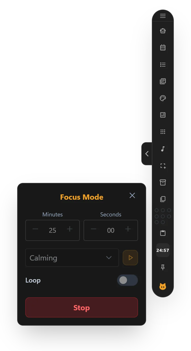 Focus Mode with minutes and seconds, a melody picker, a loop switch and a Start button.