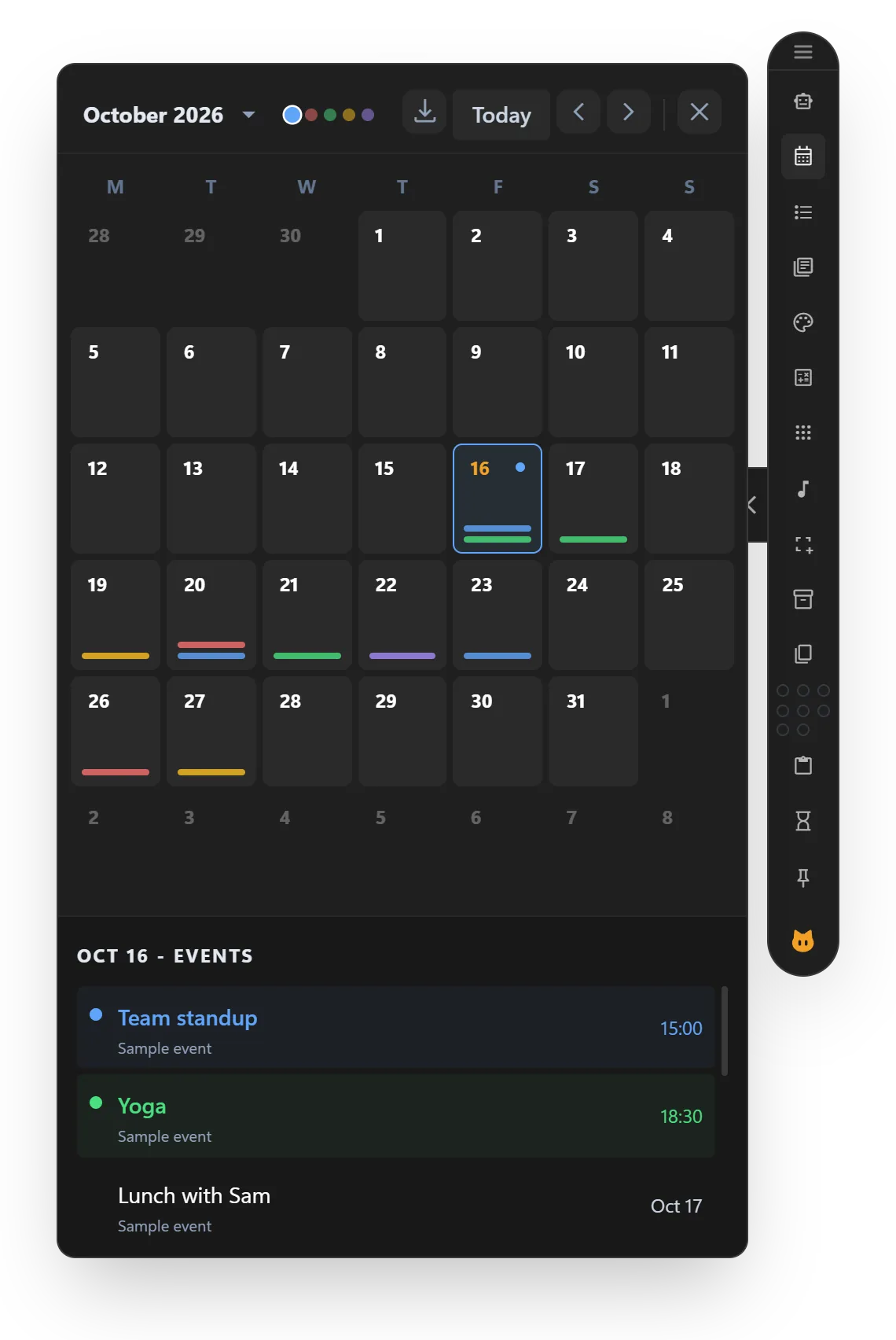 KoCalendar showing a month grid and the day’s events below it.
