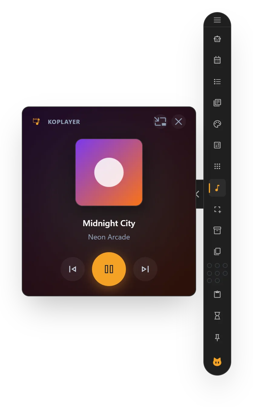 koPlayer showing cover art, the track title and play, previous and next buttons.