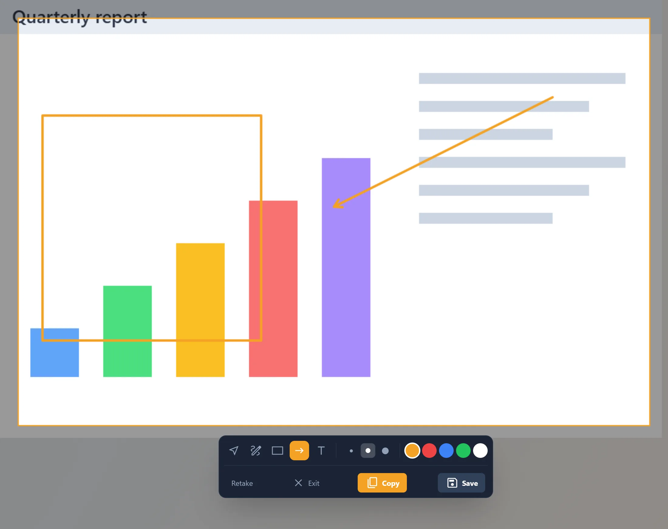 Screenshot Studio editing a capture of a bar chart, with an arrow, a rectangle and the annotation toolbar.