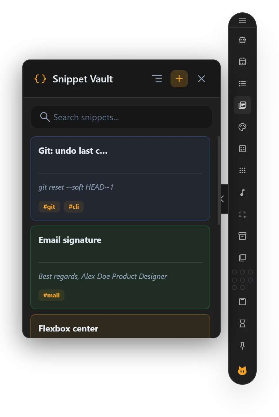 Snippet Vault listing saved snippets such as a Git command and an email signature.